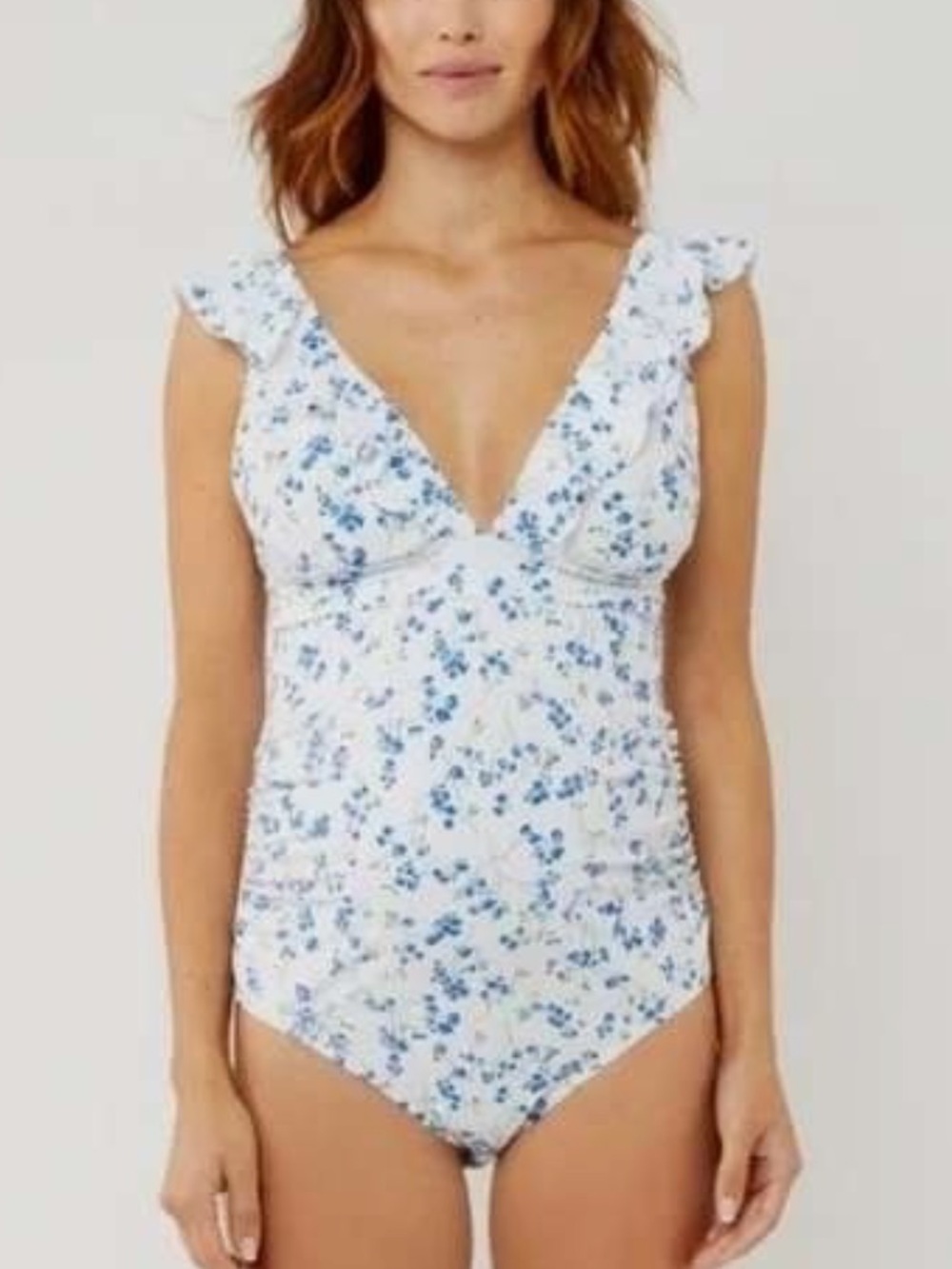 A Pea in the Pod Maternity Blue Floral Ruffle Neck Tie Back Swimsuit Size L NWT